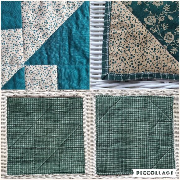 Set of 2 Handmade Patchwork Quilt Squares – Teal & Beige Country Style Designs - Picture 10 of 10